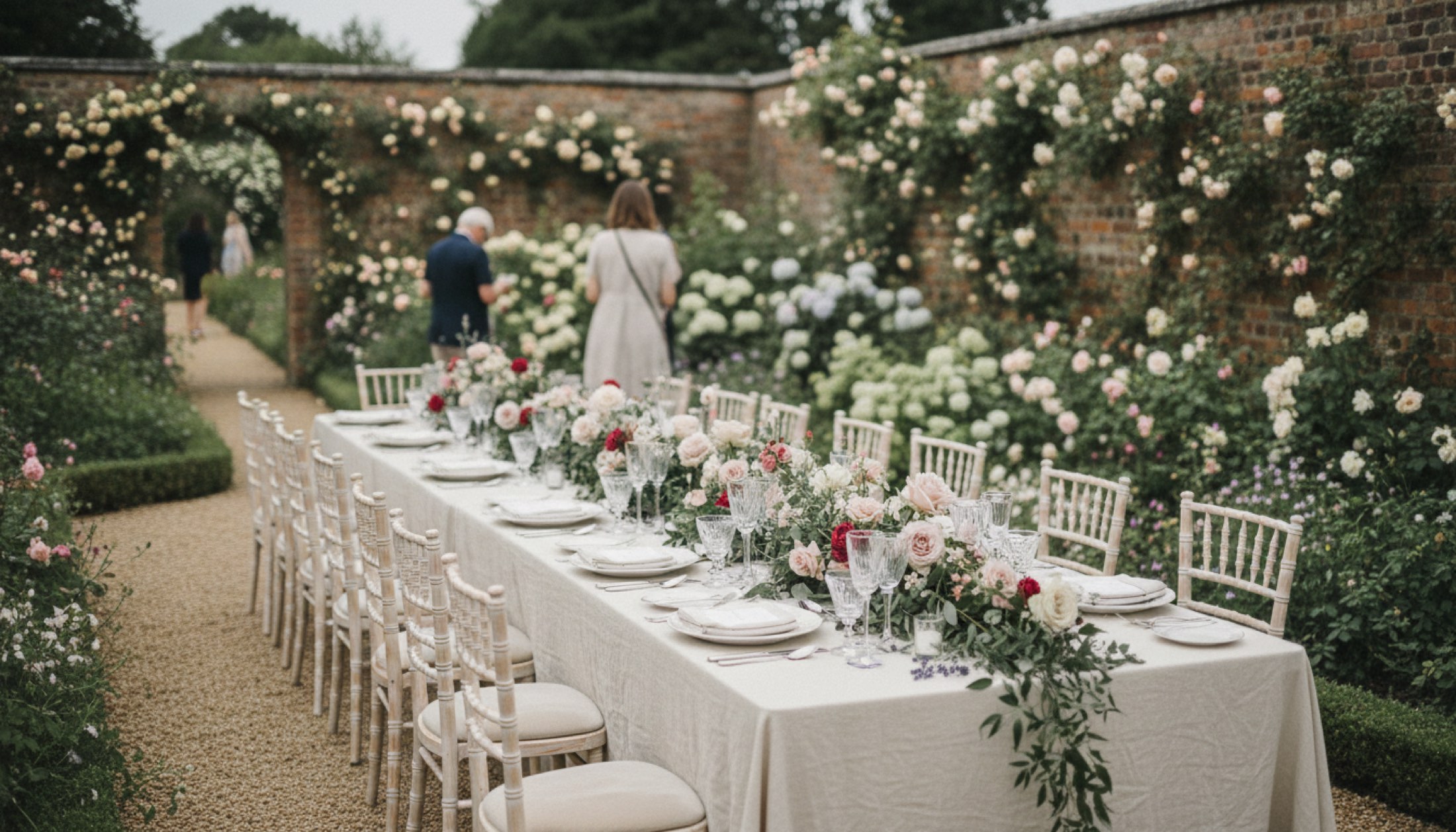 A long table laid for a wedding breakfast in a walled rose garden